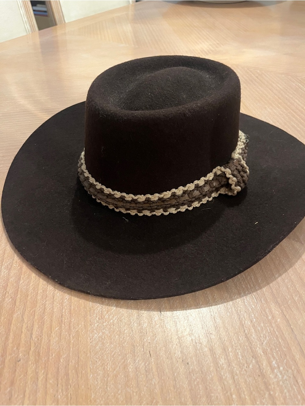 Women's Black Felt Wide-Brim Hat with Braided Trim
